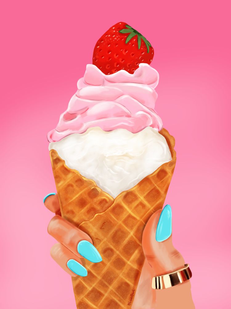 Ice-cream Waffle cone drawing with strawberry on top