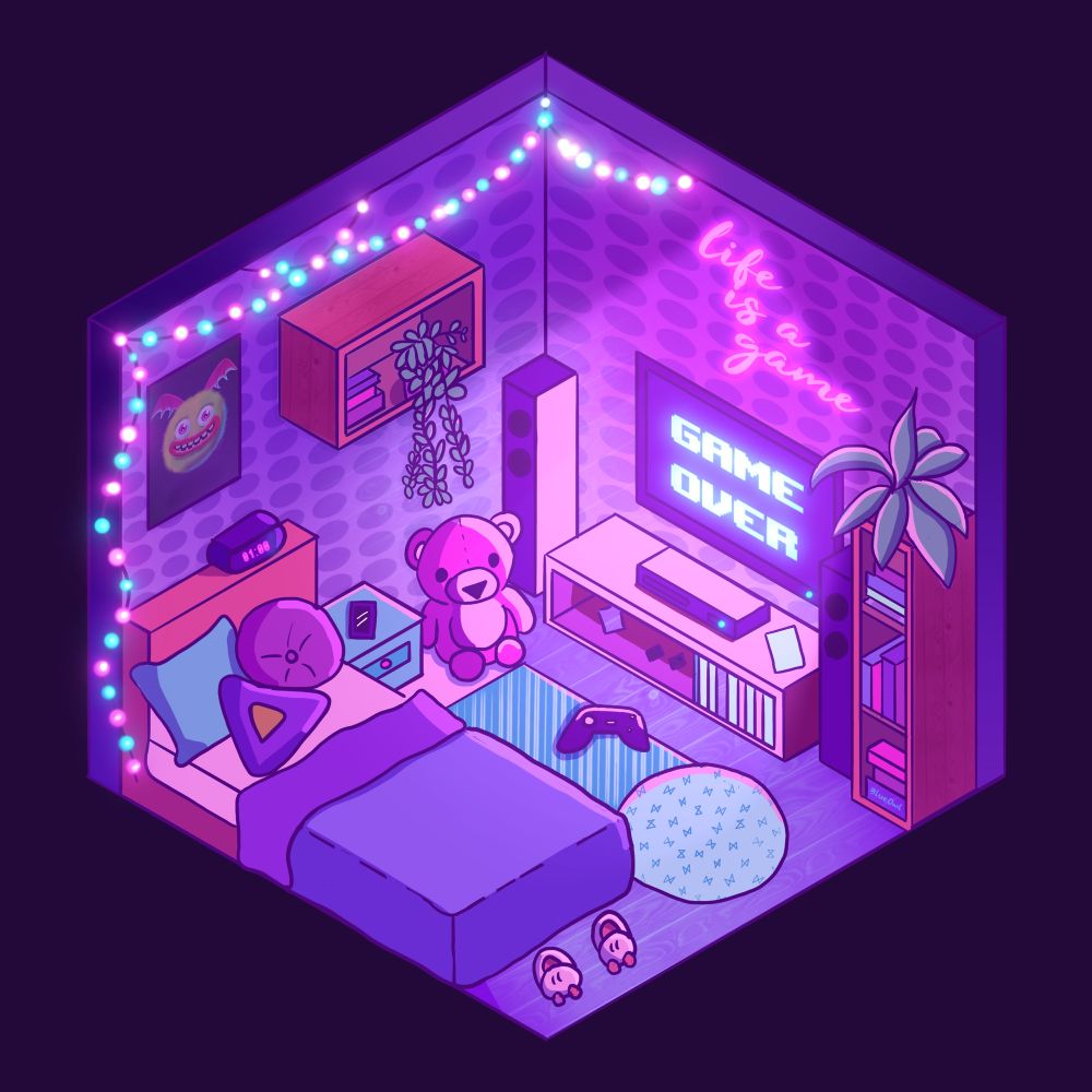 Retro isometric gaming room with different fun objects like teddy bear, cute slippers, rugs, bed, tv etc