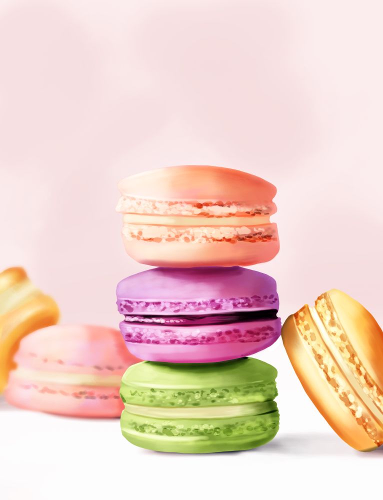 A colorful drawing of realistic looking Macarons in all pastel colors. Too pretty to eat.