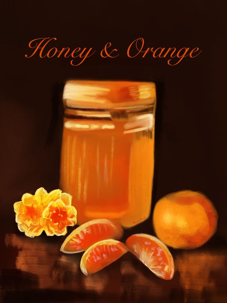 Honey jar with a mandarin orange and segments. Two cute flowers lean against the jar.