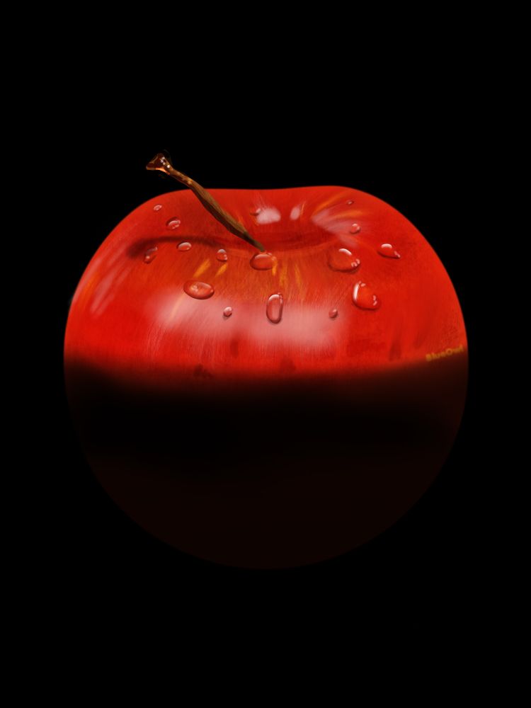 A red apple drawn in procreate. It has droplets of water on it.