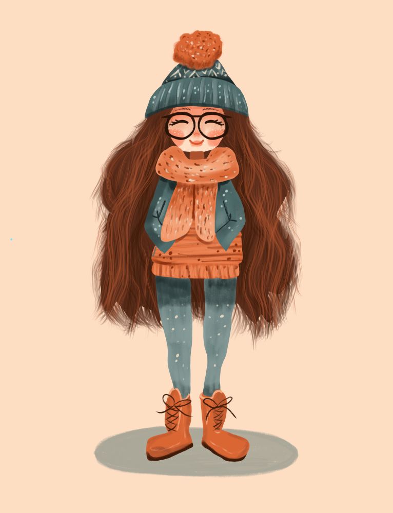 Cozy looking character illustration wearing warm hat and scarf