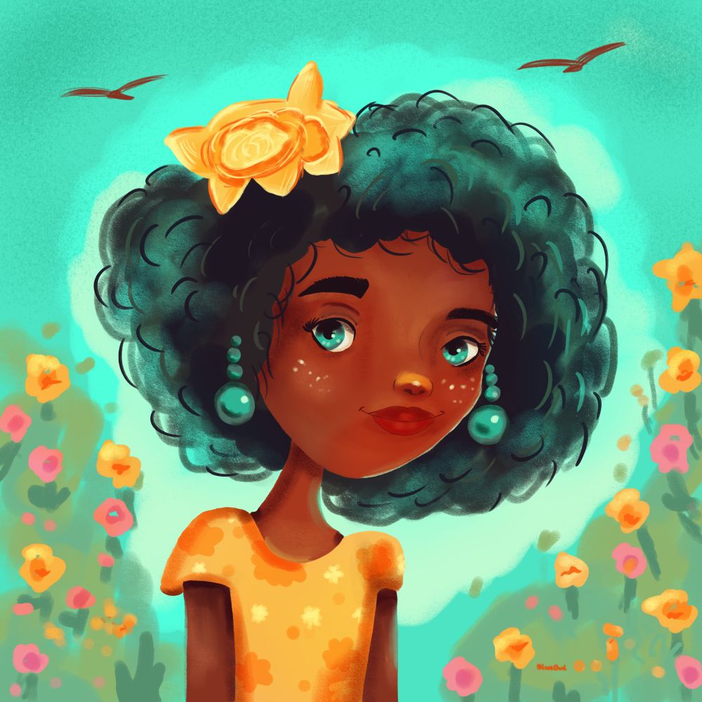 Summer girl character with big flowy hair with flowers around her
