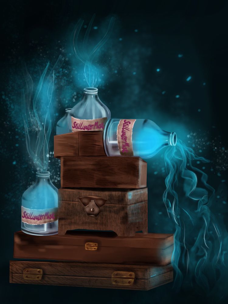 Blue smoky wisps coming from bottles perched on top of boxes in a mysterious scene