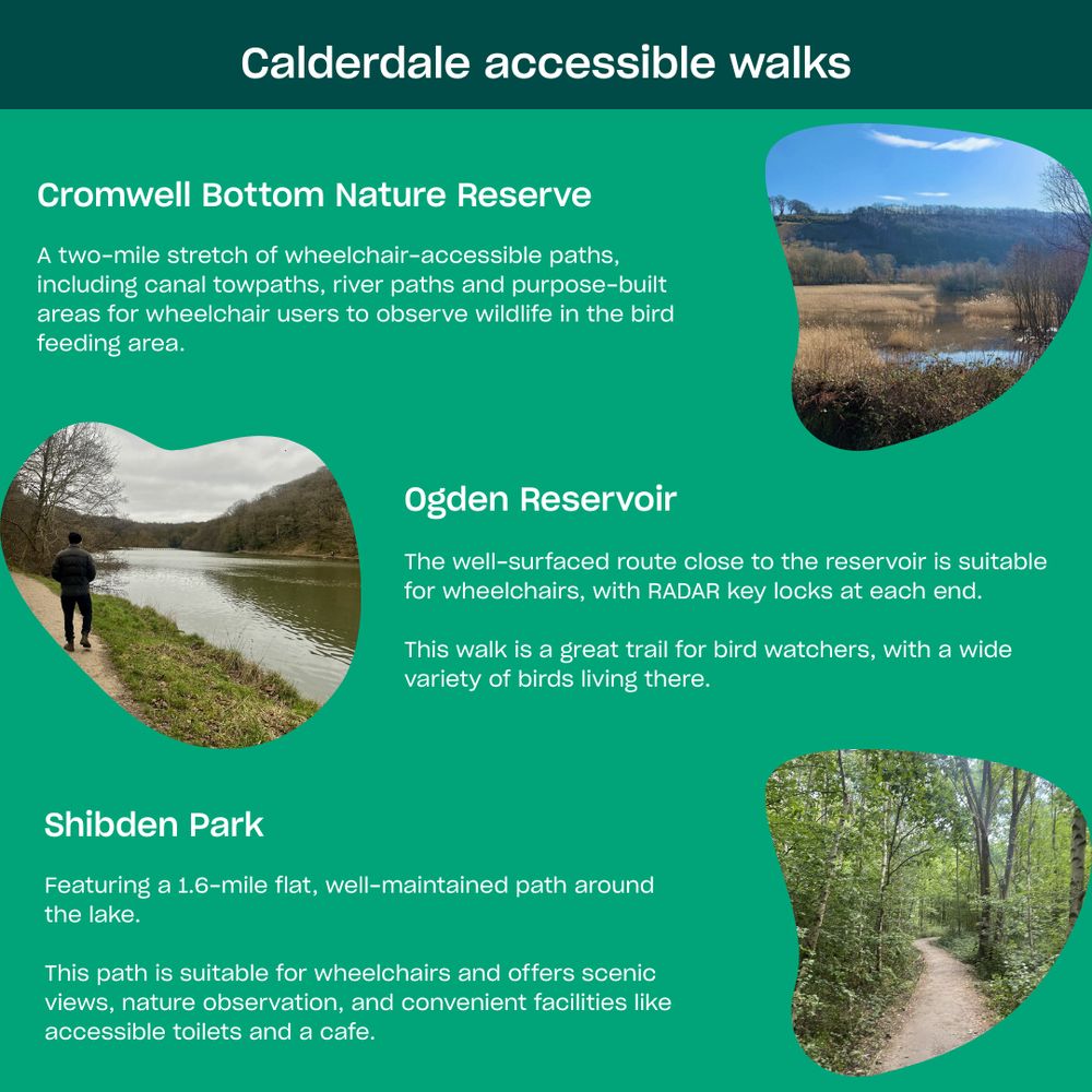 Cromwell Bottom Nature Reserve
A two-mile stretch of wheelchair-accessible paths, including canal towpaths, river paths and purpose-built areas for wheelchair users to observe wildlife in the bird feeding area.

Ogden Reservoir
The well-surfaced route close to the reservoir is suitable for wheelchairs, with RADAR key locks at each end.

This walk is a great trail for bird watchers, with a wide variety of birds living there.

Shibden Park
Featuring a 1.6-mile flat, well-maintained path around the lake. 

This path is suitable for wheelchairs and offers scenic views, nature observation, and convenient facilities like accessible toilets and a cafe.
