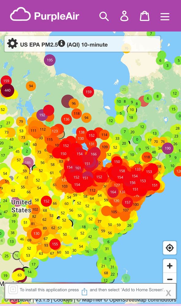 Map of fine particulate matter concentrations across the US today, showing elevated levels downwind of wildfires 