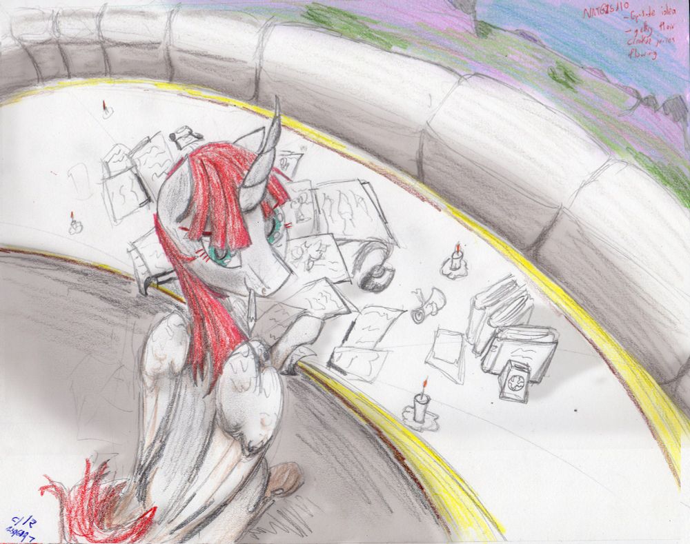 Lauren Faust's OC writing her Pony works atop a tower