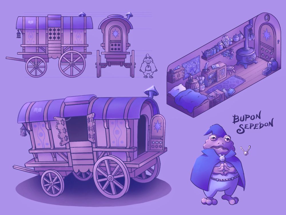 Concept art of a toad wizard astrologer’s caravan car.