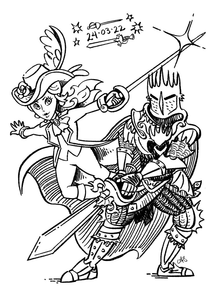Black & White linework fanart of Swashbuckler Princess’s Peach and the Arisen from Deagon’s Dogma 2’s cover art brandishing their swords. Both games release today, March 22nd.