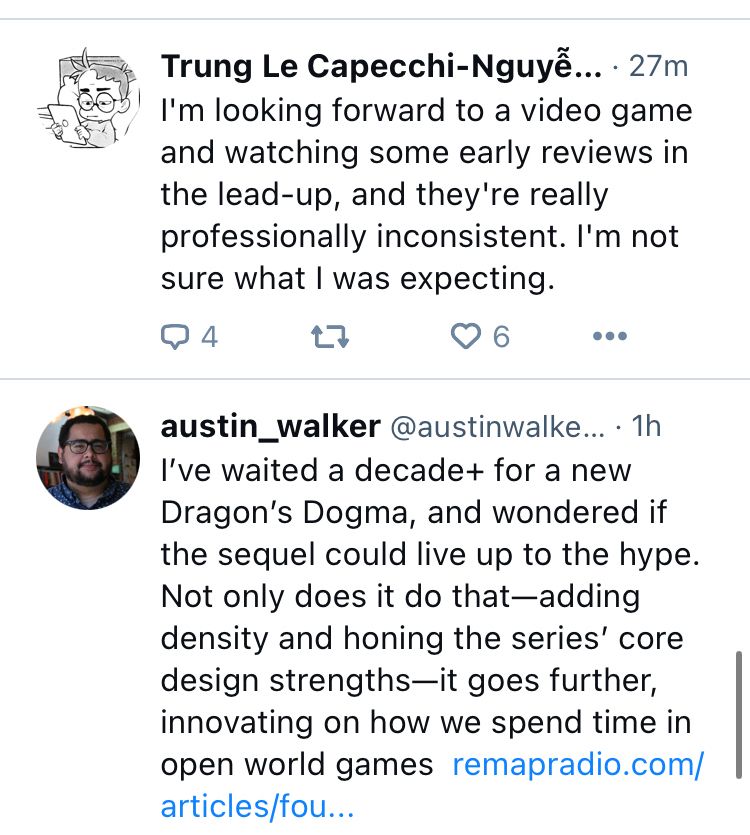 Screenshot of Trung’s above post followed immediately in my timeline with a post from Austin Walker sharing his new article on Dragon’s Dogma 2 on remapradio.com