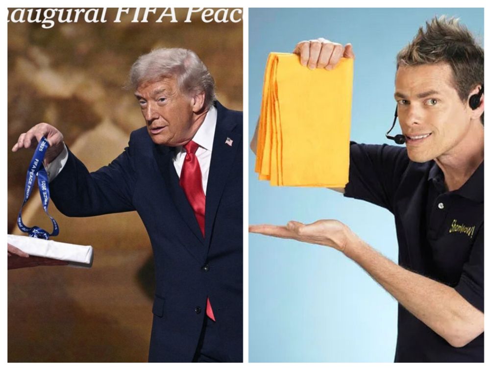 Collage showing the striking similarity in composition between a photo of Trump accepting the bogus "FIFA Peace Medal," hunched over looking decrepit and sickly, next to the classic marketing photo of the "The Shamwow Guy." Both are facing left at similar angles, and the dangling medal held above a flat surface looks like the way The Shamwow Guy is holding up the cloth with his other hand flat below it.