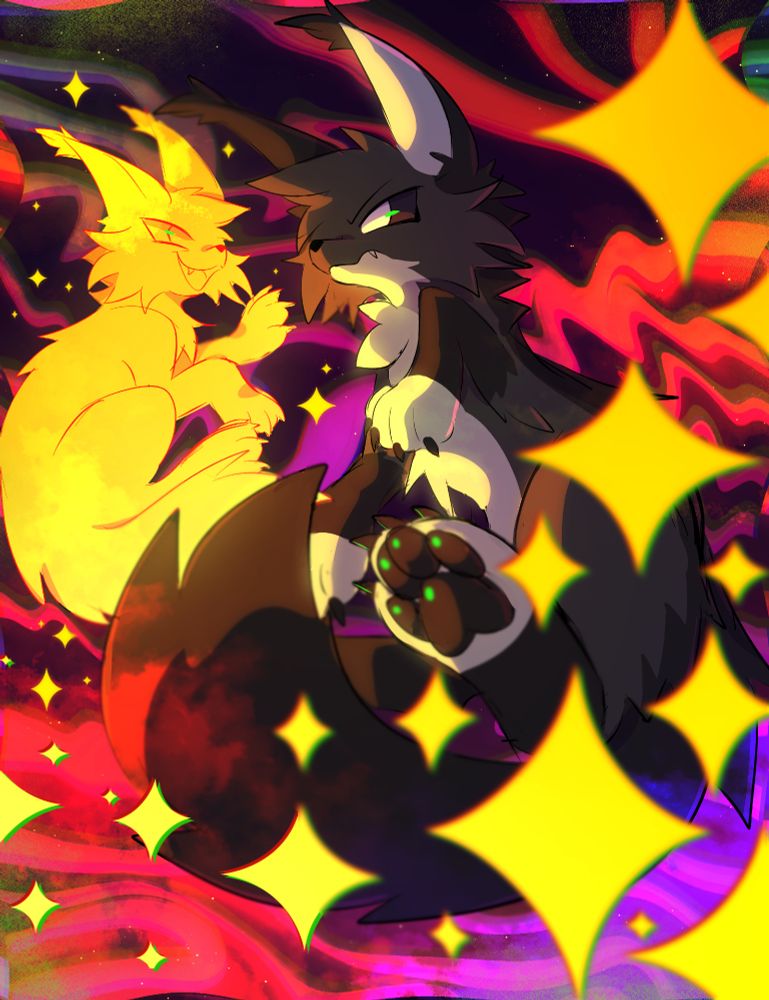 image is a digital illustration of a small, glowing solid yellow fox character and a normal-sized gray fox character floating together in a colorful graphical background. the yellow fox looks excited, while the gray fox looks angry.