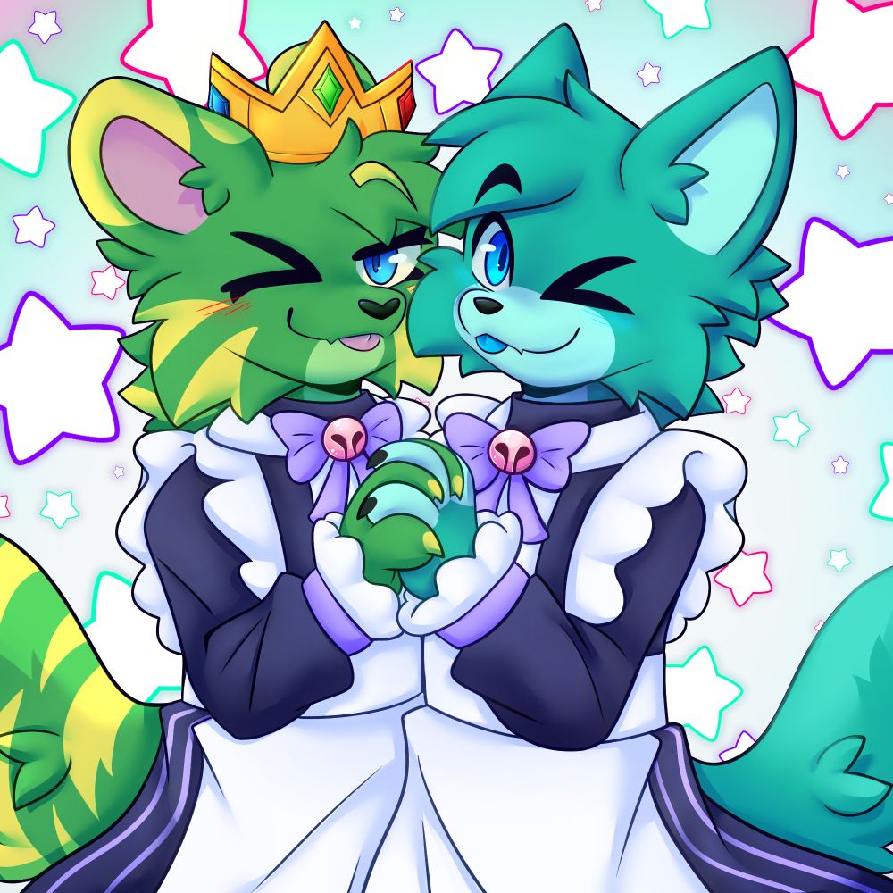 image is a digital illustration of two anthropomorphic furry characters from the waist-up, one a green tiger and the other a green-blue fox, dressed up in maid outfits and holding their hands together while winking at the camera