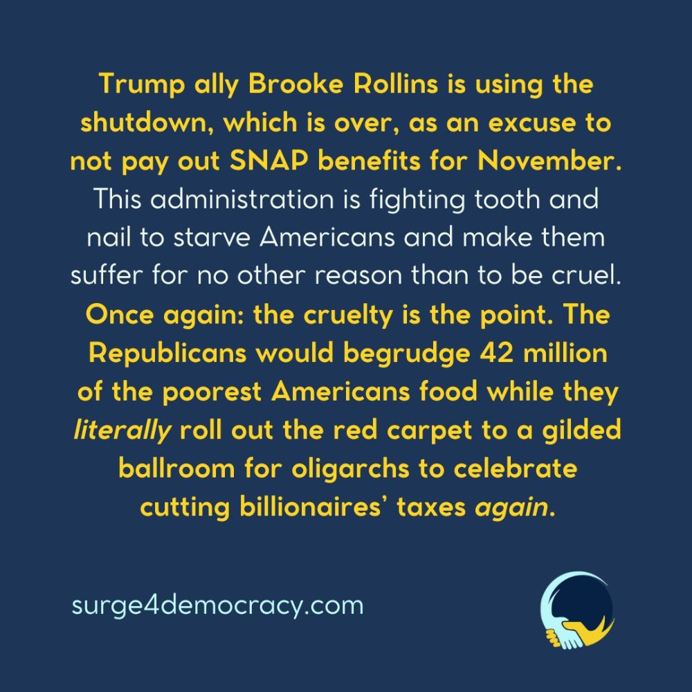 Dark blue background with bold yellow and white text. The image reads: “Trump ally Brooke Rollins is using the shutdown, which is over, as an excuse to not pay out SNAP benefits for November. This administration is fighting tooth and nail to starve Americans and make them suffer for no other reason than to be cruel. Once again: the cruelty is the point. The Republicans would begrudge 42 million of the poorest Americans food while they literally roll out the red carpet to a gilded ballroom for oligarchs to celebrate cutting billionaires’ taxes again.” At the bottom: surge4democracy.com with the Surge 4 Democracy logo in the lower right corner.
