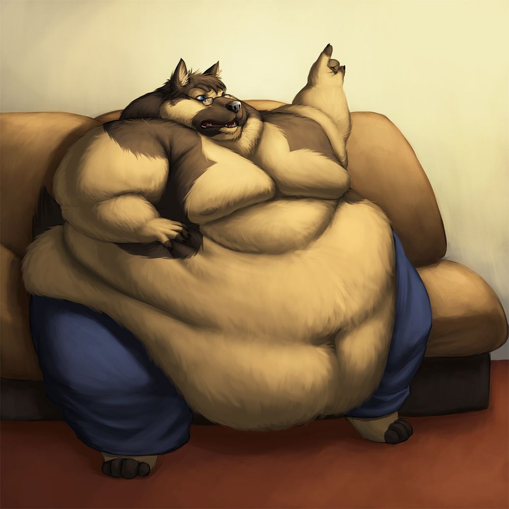 a morbidly obese and flabby anthro german shepherd on a couch, demanding his food order to arrive faster as he's getting impatient.