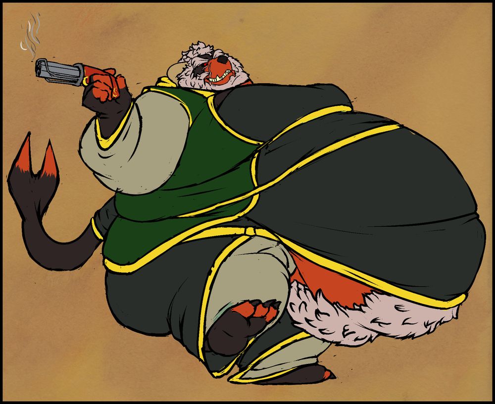 an extremely obese hellhound in tight robes. He looks like he's taking a waddling step forward while his hand is holding a smoking pepperbox in one hand.