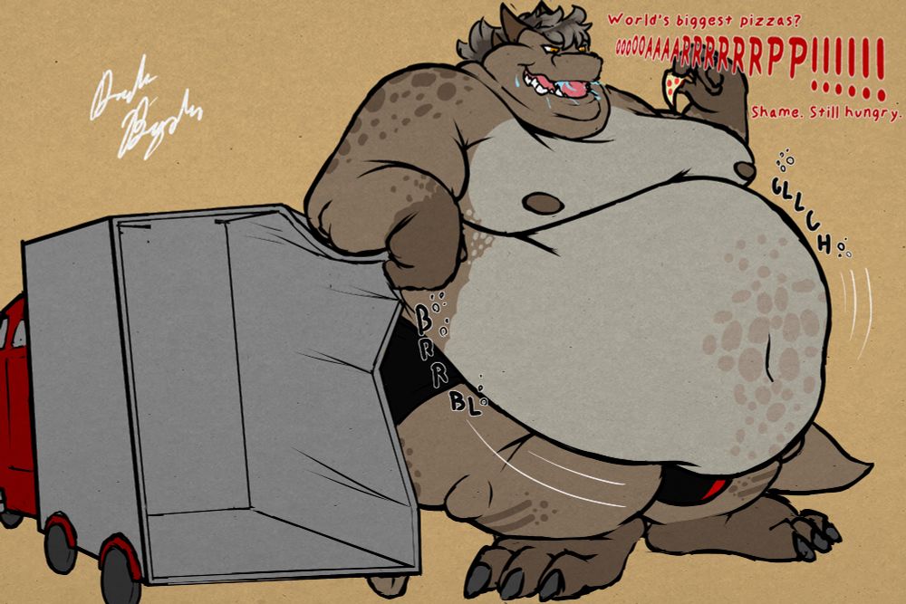 a ridiculously tall and fat dragon leaning on a truck, complaining that the pizzas it had weren't big enough for him.