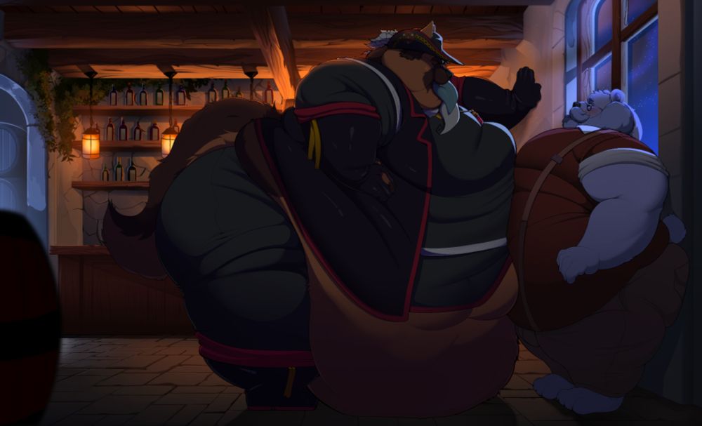 a morbidly obese german shepherd pressing a polar bear against teh wall with his stomach while he's swallowing the tip of a dragon's tail