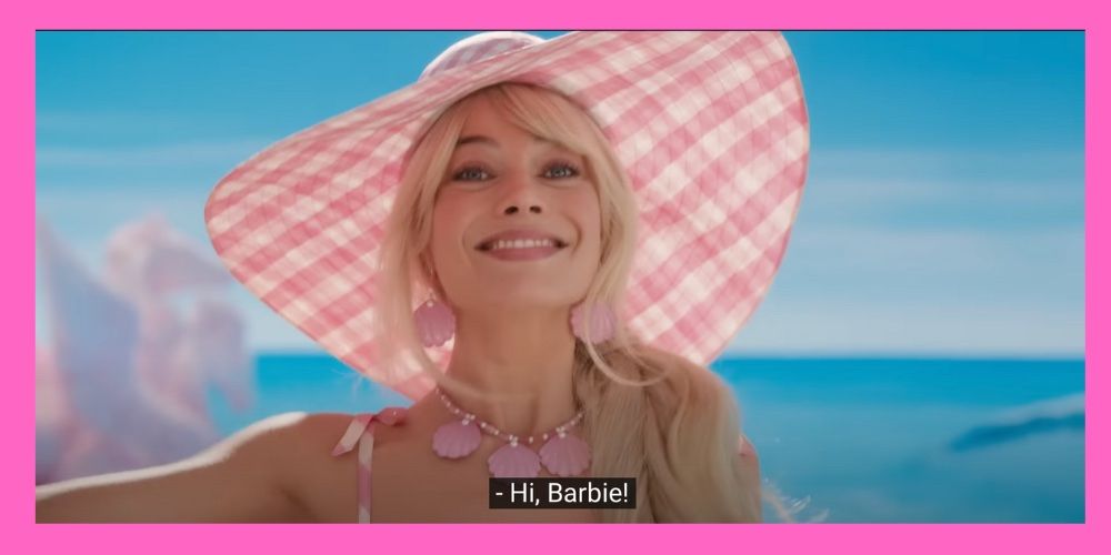 Margot Robbie as Barbie in the Barbie movie wearing a big pink gingham hat and saying "Hi Barbie!"