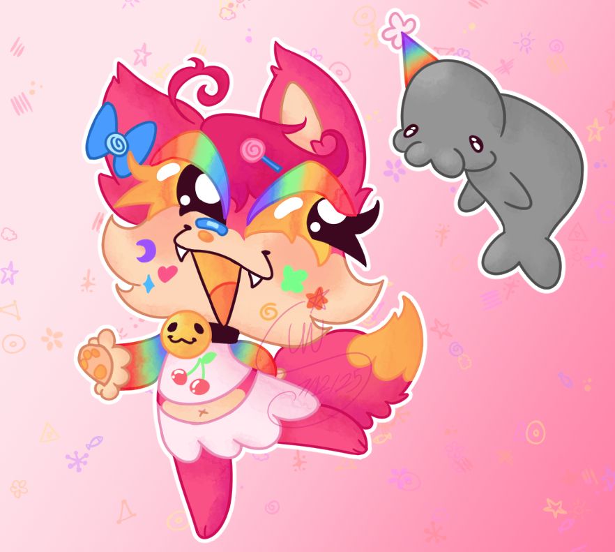 A chibi-style, bright and colorful Y2K decora anthro fox. Her fur is hot pink with cream colored markings. Her eyes are yellow, her eye shadow is rainbow. Her shirt and skirt are off-white with a cherry design on the front, and she is wearing a smiley face choker and rainbow arm warmers. She has a bandage on her nose and is absolutely covered in stickers and hair clips.

She is doing a silly little pose and looking over at her tiny grey.. Seal.. Dolphin? Her bestie, who is wearing a silly little rainbow party hat.