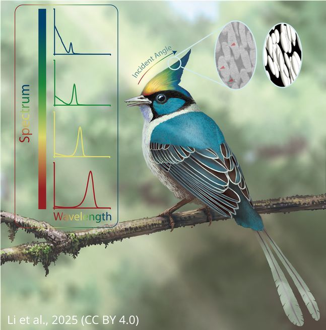 artwork depicting an ancient bird, that looks like a blue jay, with an iridescent feathered crest on its head