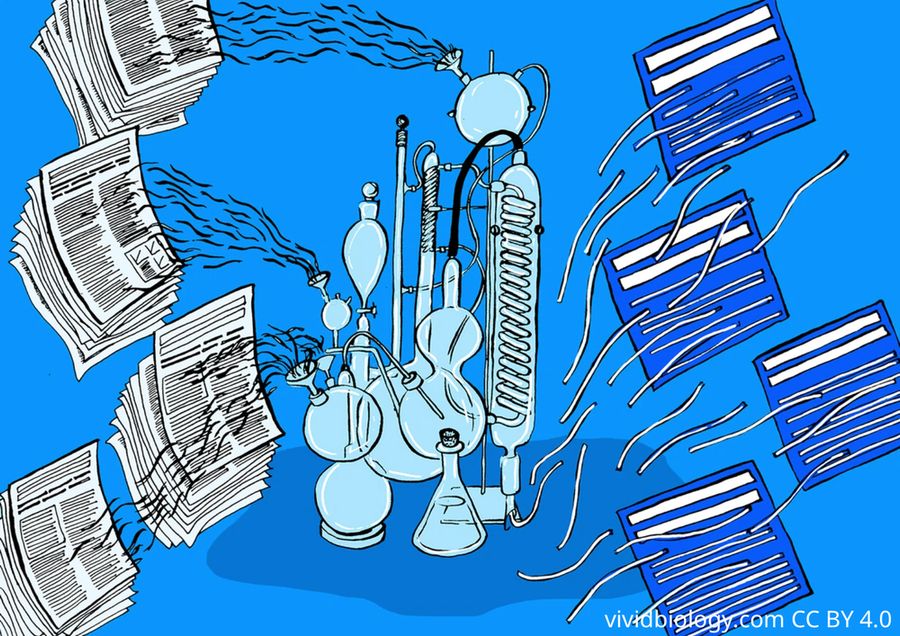 An illustration of science equipment alongside newspapers on a blue background.