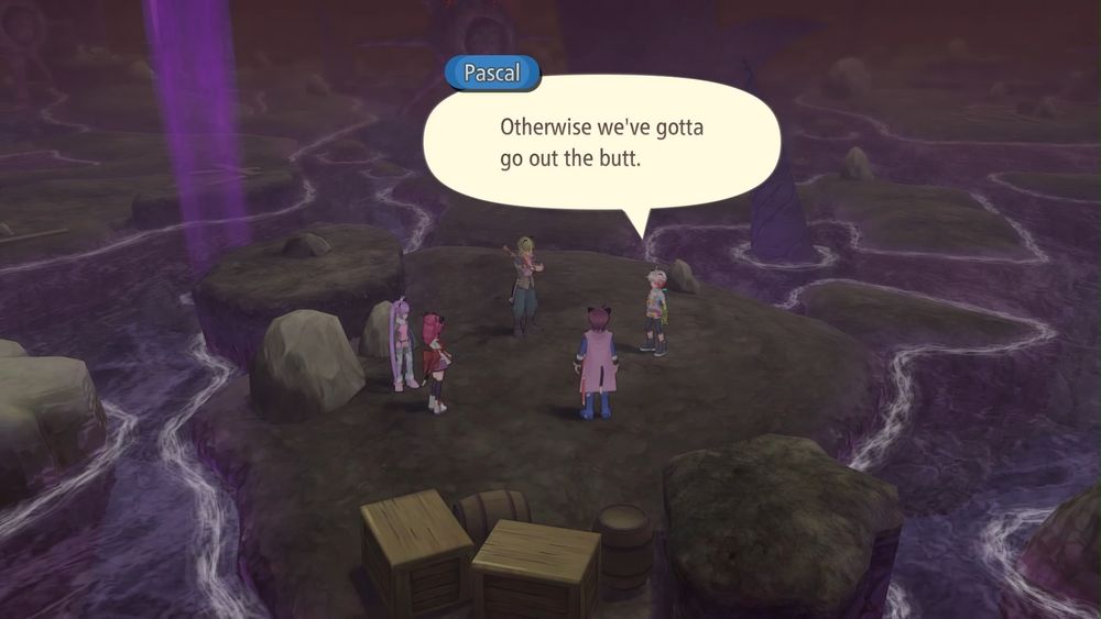 Several characters standing on a rock-like area surrounded by purple acid.  One of them is saying "Otherwise we've gotta go out the butt."