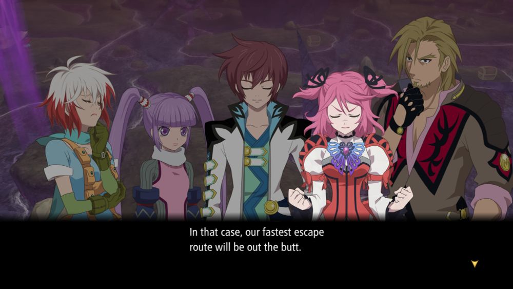 Waist-up portraits of a group of anime characters having a discussion.  One of them says "In that case, our fastest escape route will be out the butt."