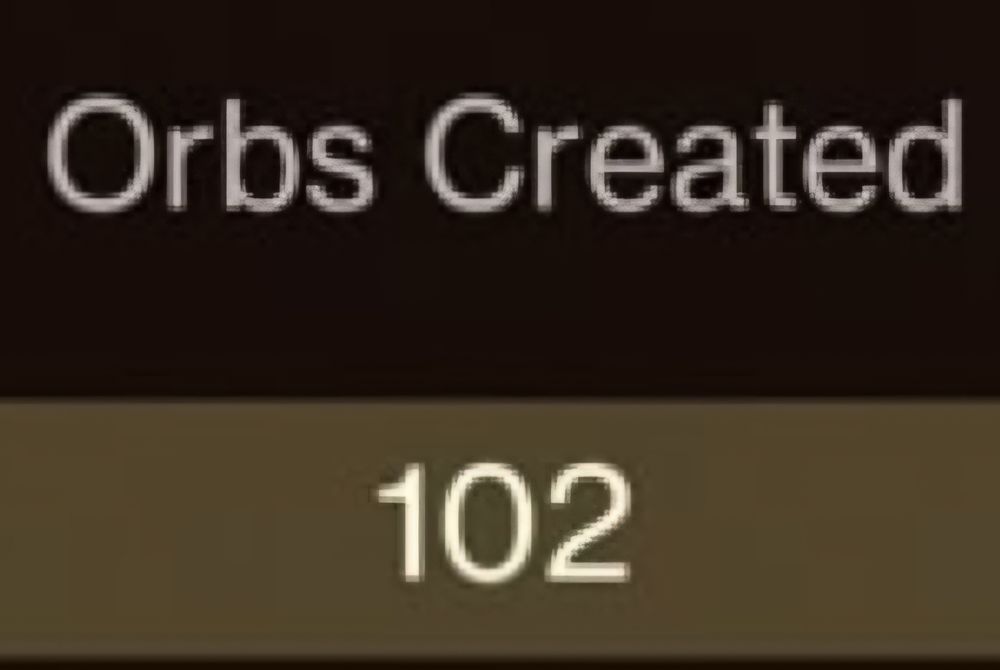 Destiny 2 screenshot showing the "Orbs Created" stat at 102