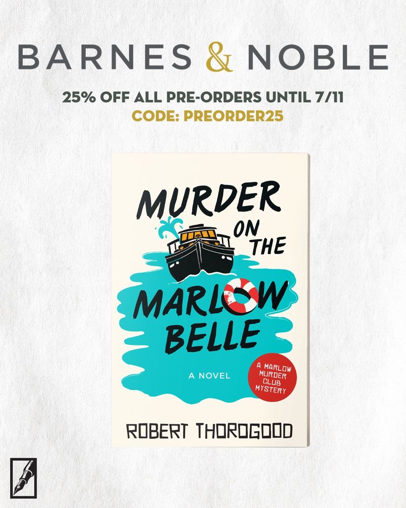 A poster advertising 25% off on the latest Marlow Murder Club book, Murder on the Marlow Belle