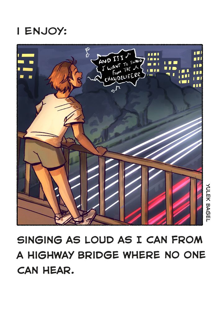 the illustration is a comic of a character that stands on a highway bridge and is singing / yelling the lyrics of Chandelier by sia from the bridge against the traffic. 