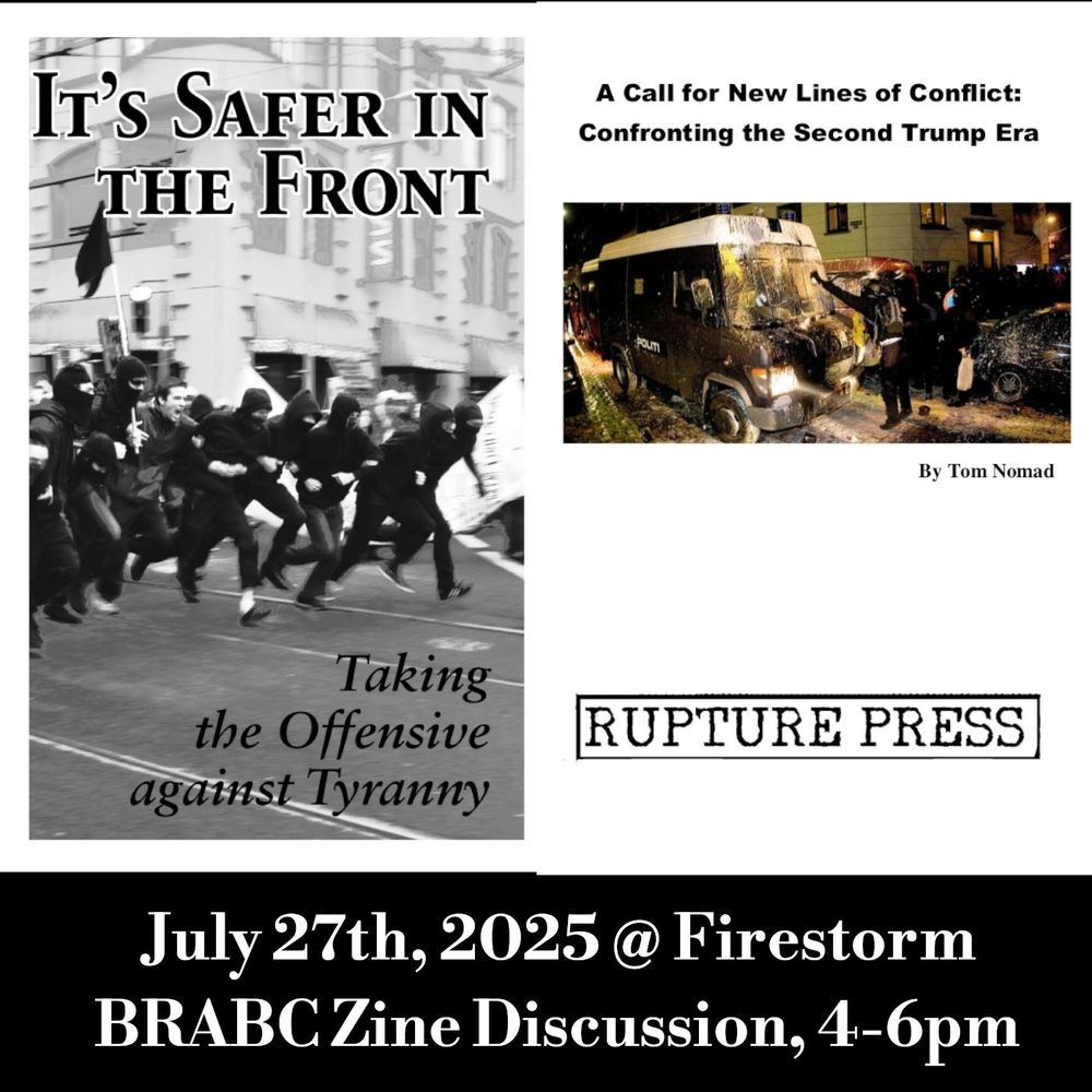 zine covers of "It's Safer in the Front" featuring a crowd of people running, and "A Call for New Lines of Conflict" featuring a photo of a burned lorie