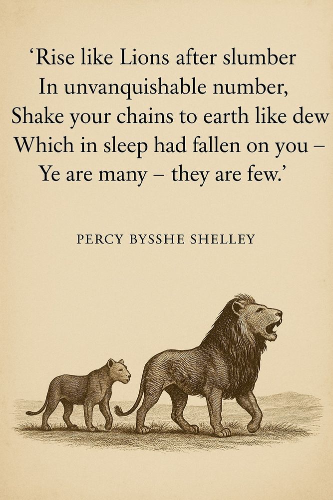 ‘Rise like Lions after slumber
In unvanquishable number,
Shake your chains to earth like dew
Which in sleep had fallen on you –
Ye are many – they are few.’

Shelley 