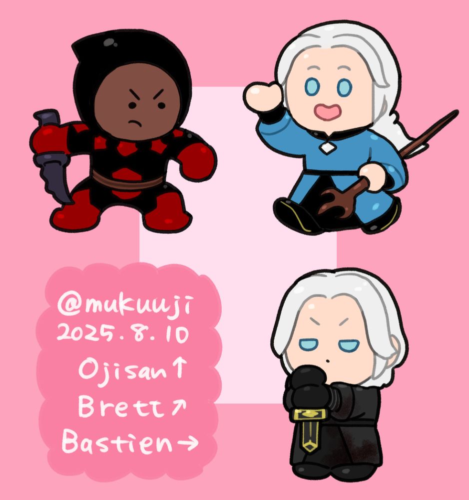 chibi figures of my OCs: Ojisan, Brett, and Bastien
