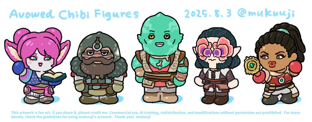 Chibi figures of Yatzli, Marius, Kai, Envoy, and Giatta - Avowed