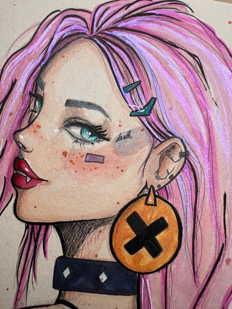 Illustration d’une fille aux cheveux roses avec un corbeau tatoué sur le bras et une grosse boucle d’oreille ronde