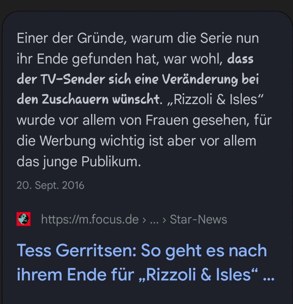 Einer der Gründe, warum die Serie nun ihr Ende gefunden hat, war wohl, dass der TV-Sender sich eine Veränderung bei den Zuschauern wünscht. ,Rizzoli & |sles' wurde vor allem von Frauen gesehen, für die Werbung wichtig ist aber vor allem das junge Publikum