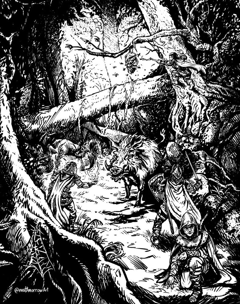 Adventurers in a forest interacting with a giant boar shaped creature and the halfling is poking a hornet's nest.
