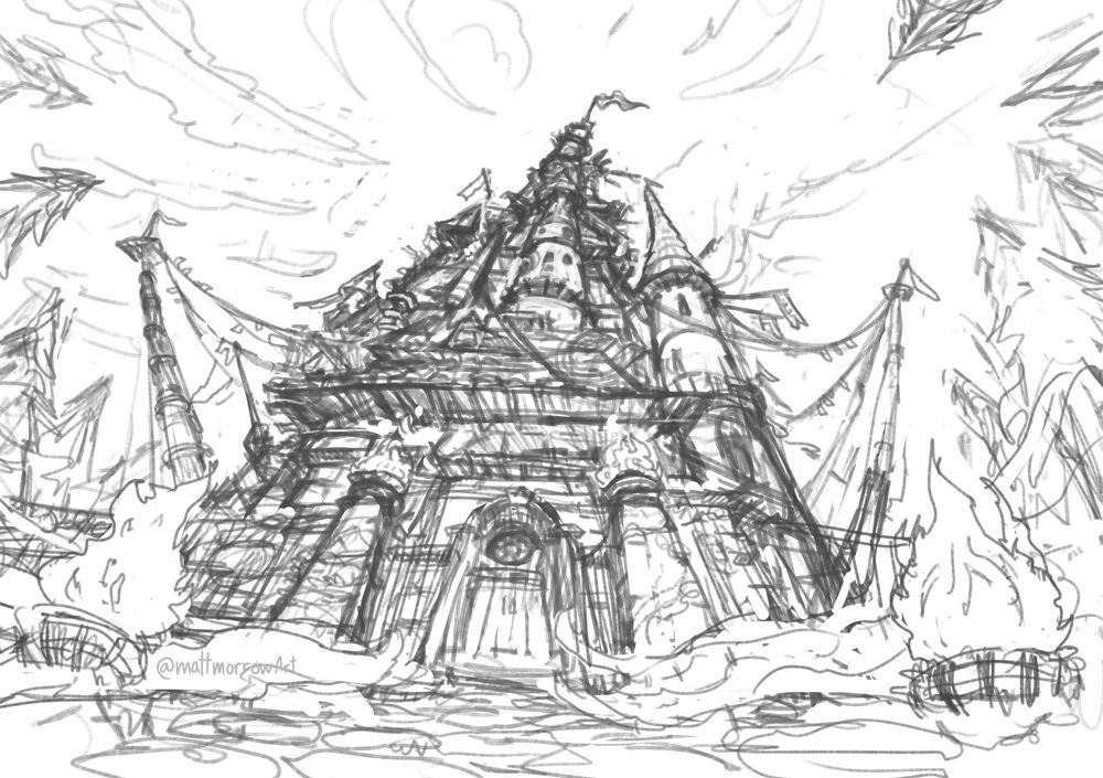 A sketch of a ramshackle, pieced together wizard's tower.