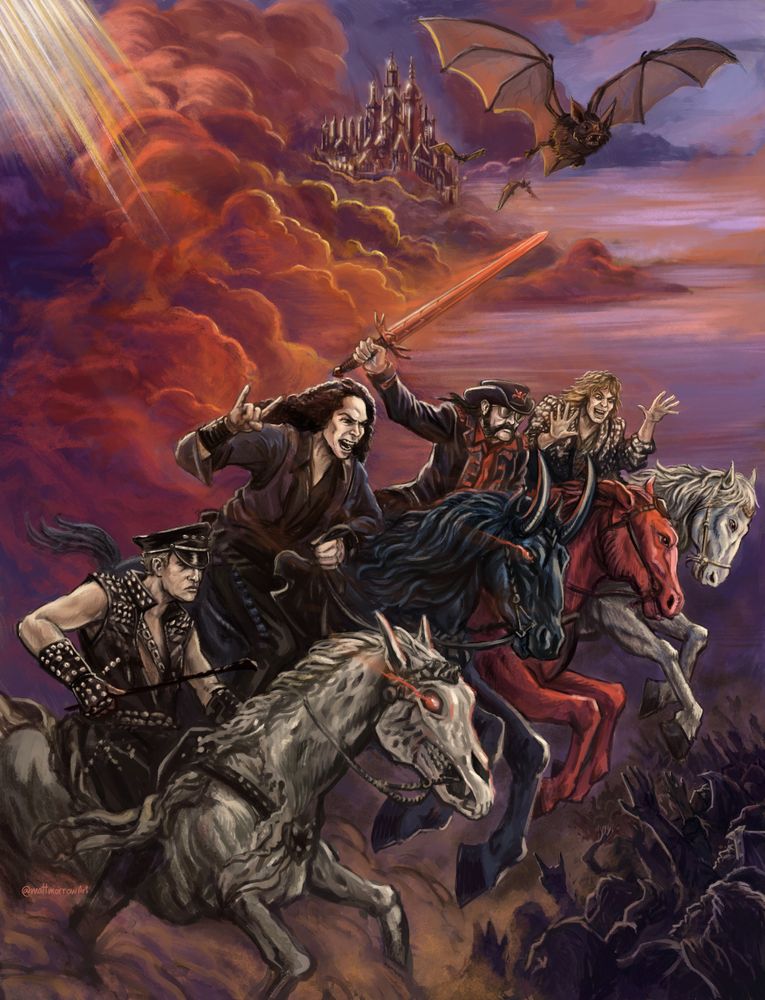A depiction of the 4 horsemen but with metal singers as the riders. The likenesses aren't great, but it was fun to make. There's also a shadowy crowd in the bottom right, a bat in the upper left and a floating shining city in the red and purple clouds.