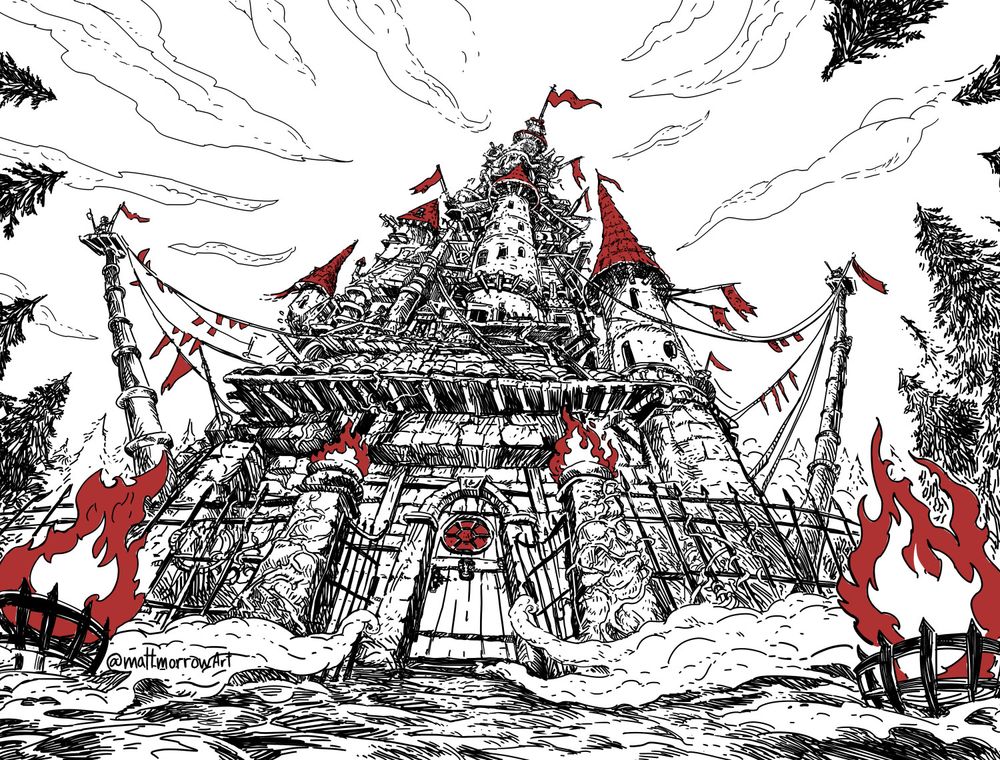 A line art drawing of a ramshackle, pieced together wizard's tower with red highlights. 