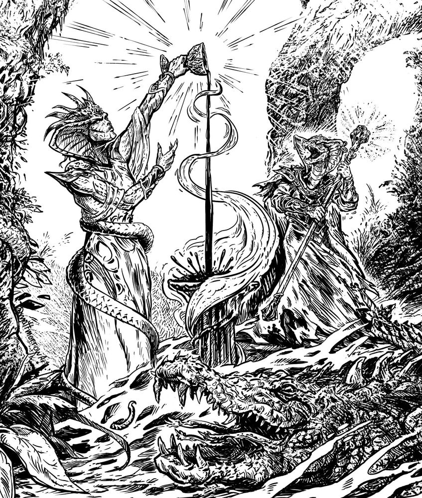 A snake priestess pouring blood from a chalice while a snake guy holding a staff looks on. Also, there's an evil looking crocodile in there.
