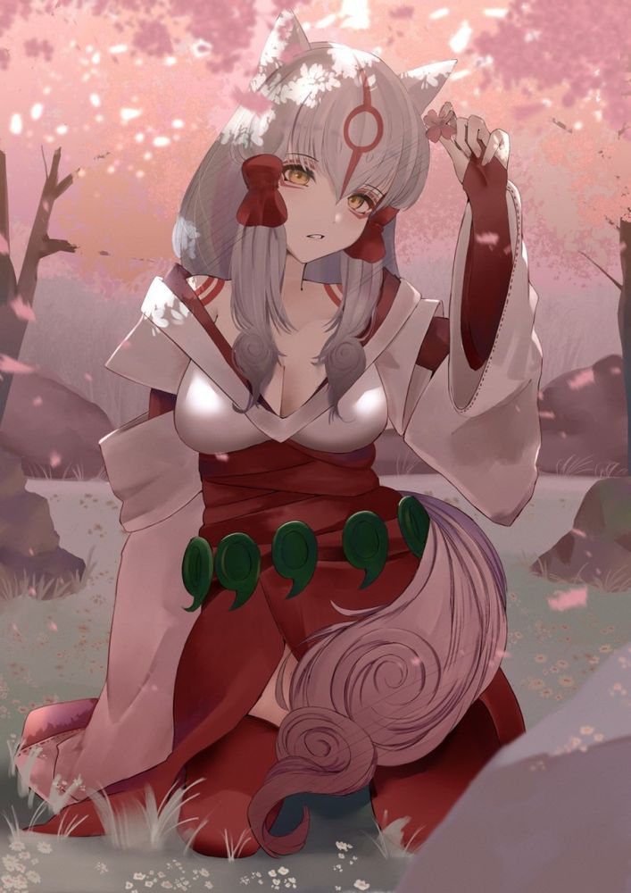 This is a picture of Amaterasu in human form from the game Okami. She is wearing traditional Japanese clothing and sitting in a cherry tree forest.