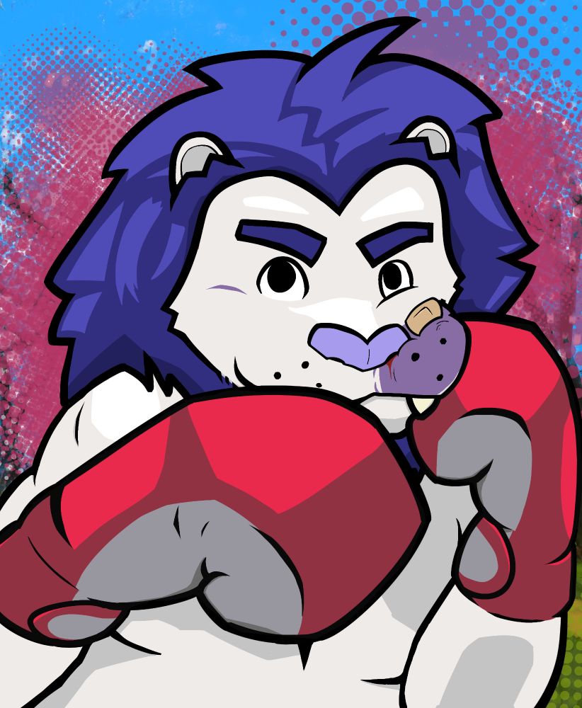 A bruised lion with a blue mane wearing red boxing gloves squares up against the user, ready to throw back a punch of their own after having just taking one from them. 