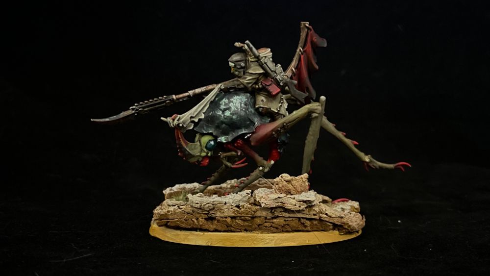 Left Side view of a Necromunda Ash Nomad riding a Dustback Helamite on a scenic base