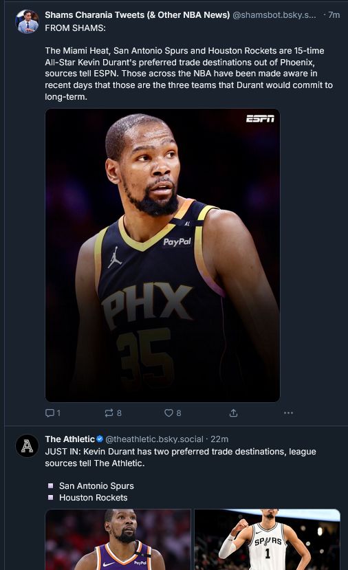 ESPN and Athletic report KD trade destinations from "league source"