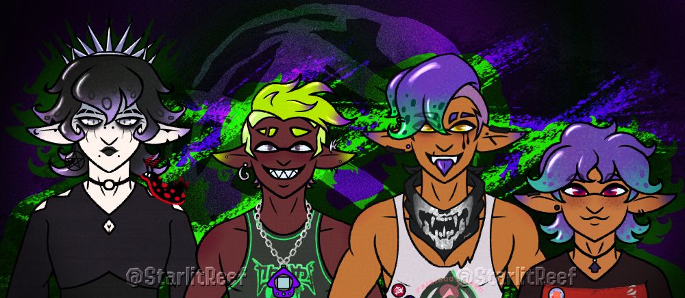 headshots made by me of 4 of my OCs, an alt team of friends! (a goth, punk, emo, etc...)