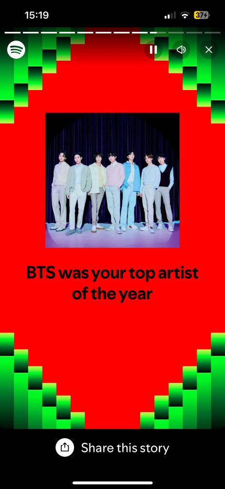 spotify wrapped screen in red and green. words saying BTS was your top artist of the year