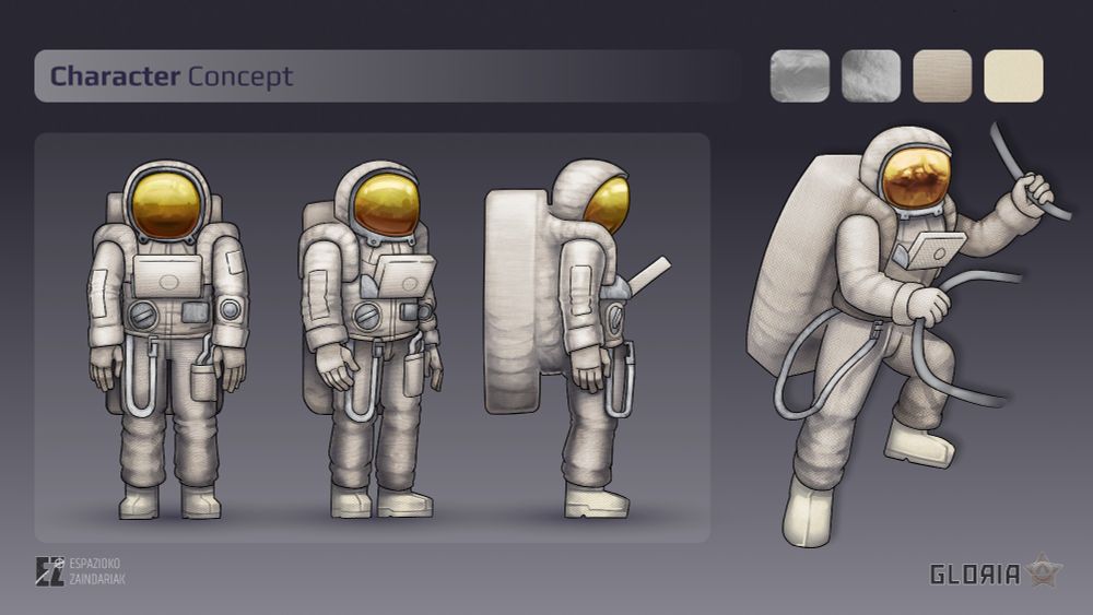 Ilustración de ficha de personaje de un astronauta de traje espacial blanco y visor dorado. En la ficha de personaje hay cuatro dibujos sobre un fondo azul grisaceo, de izquierda a derecha los dibujos son: el personaje con una pose neutral mirando hacia adelante, el personaje con  la misma pose pero en tres cuartos, el personaje en la misma pose pero de lado y el personaje en una pose más dinamica en la que agarra dos cables sueltos. Entre los elementos decorativos también hay cuatro cuadrados con representaciones de las texturas del traje del astronauta.