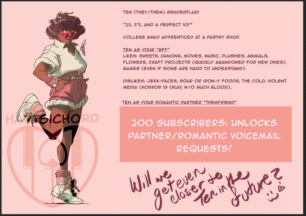 Ten’s character sheet:

Ten (They/Them) Genderfluid

“23, 5’5, and a perfect 10!”

College Grad apprenticed at a pastry shop.

BFF
Likes: Sweets, Dancing, Movies, Music, Plushies, Animals, Flowers, Craft Projects (quickly abandoned for new ones). Games (even if some are hard to understand).

Dislikes: Jerk-faces, sour or iron-y foods, the cold, violent media (horror is okay, w/o much blood), 
